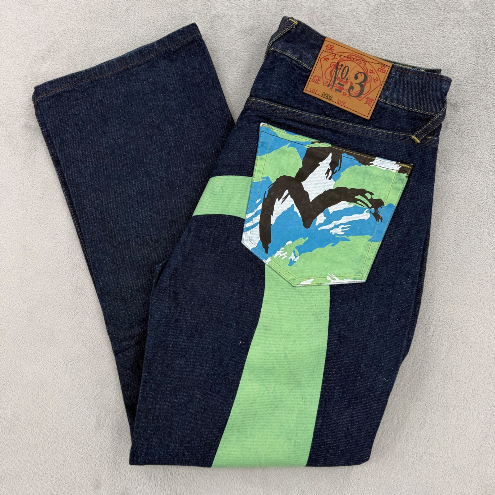 Evisu Osaka Japanese Jeans Mens 32 Green Camo Seagull Logo Raw Indigo Denim